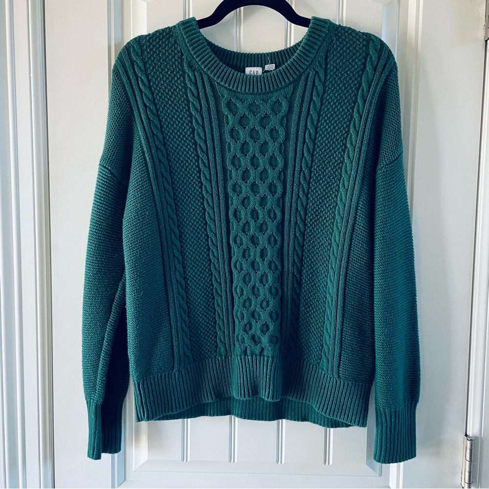 GAP Mens Hunter Green Cable Knit Cotton Crewneck Grandpa Sweater | Medium